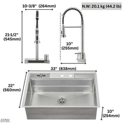 FORNO ACQUA 33 in. Drop-In/Undermount 3-Level MultiSINK Workstation Sink with Waterfall Faucet & Glass Rinser - E-XP31 - The Home Selection