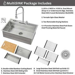 FORNO ACQUA 33 in. Drop-In/Undermount 3-Level MultiSINK Workstation Sink with Waterfall Faucet & Glass Rinser - E-XP31 - The Home Selection