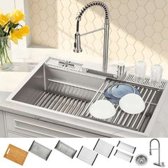 FORNO ACQUA 33 in. Drop-In/Undermount 3-Level MultiSINK Workstation Sink with Waterfall Faucet & Glass Rinser - E-XP31 - The Home Selection
