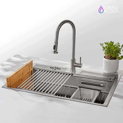 FORNO ACQUA 33 in. Drop-In/Undermount 3-Level Workstation Sink with Faucet, Waterfall & Glass Rinser - D-WP30 - The Home Selection