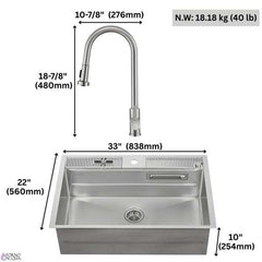 FORNO ACQUA 33 in. Drop-In/Undermount 3-Level Workstation Sink with Faucet, Waterfall & Glass Rinser - D-WP30 - The Home Selection