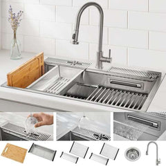 FORNO ACQUA 33 in. Drop-In/Undermount 3-Level Workstation Sink with Faucet, Waterfall & Glass Rinser - D-WP30 - The Home Selection