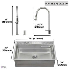 FORNO ACQUA 33 in. Drop-In/Undermount 3 Level Workstation Sink with Faucet, Waterfall & Glass Rinser - E-ZP30 - The Home Selection