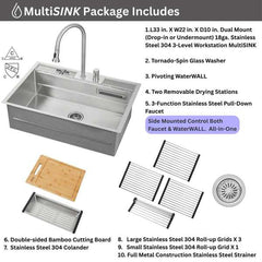 FORNO ACQUA 33 in. Drop-In/Undermount 3 Level Workstation Sink with Faucet, Waterfall & Glass Rinser - E-ZP30 - The Home Selection