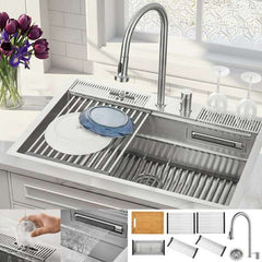 FORNO ACQUA 33 in. Drop-In/Undermount 3 Level Workstation Sink with Faucet, Waterfall & Glass Rinser - E-ZP30 - The Home Selection