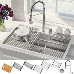 FORNO ACQUA 33 in. Drop-In/Undermount 3-Level Workstation Sink with Faucet, Waterfall & Glass Rinser - E-ZP31 - The Home Selection