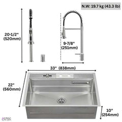 FORNO ACQUA 33 in. Drop-In/Undermount 3-Level Workstation Sink with Faucet, Waterfall & Glass Rinser - E-ZP31 - The Home Selection