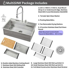 FORNO ACQUA 33 in. Drop-In/Undermount 3-Level Workstation Sink with Faucet, Waterfall & Glass Rinser - E-ZP31 - The Home Selection