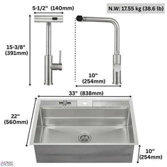 FORNO ACQUA 33 in. Drop-In/Undermount 3-Level Workstation Sink with Waterfall Faucet & Glass Rinser - D-XP30 - The Home Selection