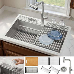FORNO ACQUA 33 in. Drop-In/Undermount 3-Level Workstation Sink with Waterfall Faucet & Glass Rinser - D-XP30 - The Home Selection