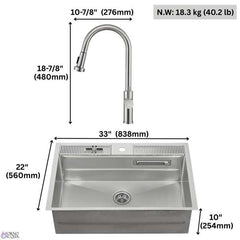 FORNO ACQUA 33 in. Drop-In/Undermount 3-Level Workstation with Retractable Faucet & Glass Rinser - D-ZP30 - The Home Selection