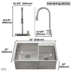 FORNO ACQUA 33 in. Drop-In/Undermount 40/60 Double Bowl Stainless Steel Sink with Waterfall Faucet - H-XN30 - The Home Selection
