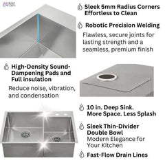 FORNO ACQUA 33 in. Drop-In/Undermount 40/60 Double Bowl Stainless Steel Sink with Waterfall Faucet - H-XN30 - The Home Selection