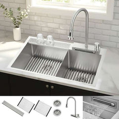 FORNO ACQUA 33 in. Drop-In/Undermount 40/60 Double Bowl Stainless Steel Sink with Waterfall Faucet - H-XN30 - The Home Selection