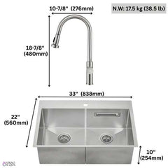 FORNO ACQUA 33 in. Drop-In/Undermount 50/50 Double Bowl Stainless Steel Sink with Faucet & Waterfall - G-ZN30 - The Home Selection
