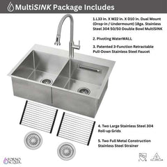 FORNO ACQUA 33 in. Drop-In/Undermount 50/50 Double Bowl Stainless Steel Sink with Faucet & Waterfall - G-ZN30 - The Home Selection