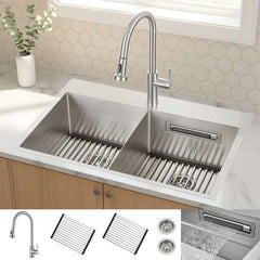 FORNO ACQUA 33 in. Drop-In/Undermount 50/50 Double Bowl Stainless Steel Sink with Faucet & Waterfall - G-ZN30 - The Home Selection