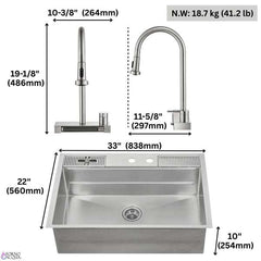 FORNO ACQUA 33 in. Drop-In/Undermount MultiSINK Workstation Sink with Waterfall Faucet & Glass Rinser - E-XP30 - The Home Selection