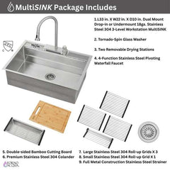 FORNO ACQUA 33 in. Drop-In/Undermount MultiSINK Workstation Sink with Waterfall Faucet & Glass Rinser - E-XP30 - The Home Selection