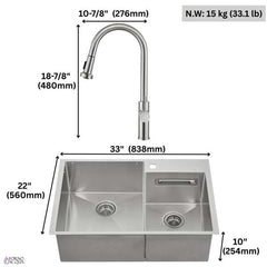 FORNO ACQUA 33 in. X 22 in. Drop-in/Undermount 3-Level Offset Double Bowl Deep 10 in. Stainless Steel Workstation Kitchen Sink with Waterfall & Faucet - H-ZN30 - The Home Selection
