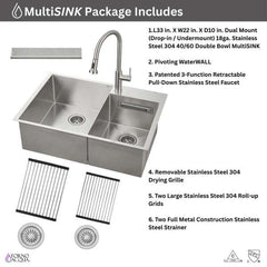 FORNO ACQUA 33 in. X 22 in. Drop-in/Undermount 3-Level Offset Double Bowl Deep 10 in. Stainless Steel Workstation Kitchen Sink with Waterfall & Faucet - H-ZN30 - The Home Selection