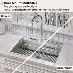 FORNO ACQUA 33 in. X 22 in. Drop-in/Undermount 3-Level Offset Double Bowl Deep 10 in. Stainless Steel Workstation Kitchen Sink with Waterfall & Faucet - H-ZN30 - The Home Selection