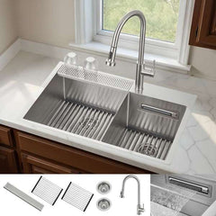 FORNO ACQUA 33 in. X 22 in. Drop-in/Undermount 3-Level Offset Double Bowl Deep 10 in. Stainless Steel Workstation Kitchen Sink with Waterfall & Faucet - H-ZN30 - The Home Selection