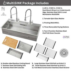 FORNO ACQUA 45 in. Drop-In/Undermount 3-Level Workstation Sink with Two Faucets & Glass Rinser - J-WP31 - The Home Selection