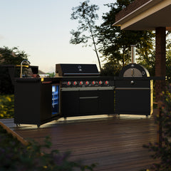 Forno All'Aperto 87,600 BTU BBQ with 4 Stainless-Steel Burners with Infrared Burners & Side Burner, Sink Module with Black Sintered Stone Countertops, Gaz Pizza Oven, Bar & Beverage Center - FODKT2551BLK - The Home Selection