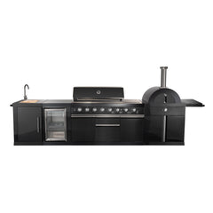 Forno All'Aperto 87,600 BTU BBQ with 4 Stainless-Steel Burners with Infrared Burners & Side Burner, Sink Module with Black Sintered Stone Countertops, Gaz Pizza Oven, Bar & Beverage Center - FODKT2551BLK - The Home Selection