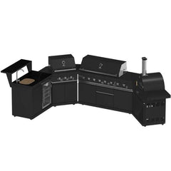 Forno All'Aperto 99,600 BTU BBQ with 5 Stainless-Steel Burners with Infrared Burners & Side Burner, Sink Module with Black Sintered Stone Countertops, Plancha, Gas Pizza Oven, Bar & Beverage Center - FODKT2568BLK - The Home Selection