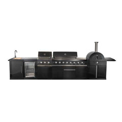 Forno All'Aperto 99,600 BTU BBQ with 5 Stainless-Steel Burners with Infrared Burners & Side Burner, Sink Module with Black Sintered Stone Countertops, Plancha, Gas Pizza Oven, Bar & Beverage Center - FODKT2568BLK - The Home Selection