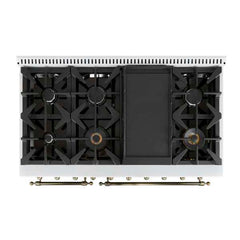 Forno Antico 48-Inch Dual Fuel Range, with Antique Brass Finish, 8 Burners, 94,000 BTU, 5.5 cu.ft. Double Ovens & Griddle - FFSGS6113-48 - The Home Selection
