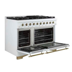 Forno Antico 48-Inch Dual Fuel Range, with Antique Brass Finish, 8 Burners, 94,000 BTU, 5.5 cu.ft. Double Ovens & Griddle - FFSGS6113-48 - The Home Selection
