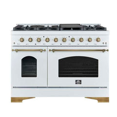 Forno Antico 48-Inch Dual Fuel Range, with Antique Brass Finish, 8 Burners, 94,000 BTU, 5.5 cu.ft. Double Ovens & Griddle - FFSGS6113-48 - The Home Selection