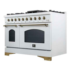 Forno Antico 48-Inch Dual Fuel Range, with Antique Brass Finish, 8 Burners, 94,000 BTU, 5.5 cu.ft. Double Ovens & Griddle - FFSGS6113-48 - The Home Selection