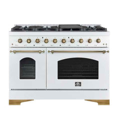 Forno Antico 48-Inch Freestanding Gas Range, Antique Brass Design, 8 Burners, Griddle, Double Ovens, Energy Efficient - FFSGS6219-48 - The Home Selection