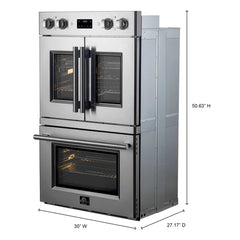 Forno Asti 30-Inch Double Electric Wall Oven with Upper French Doors in Stainless Steel, 7.36 cu. ft. Dual True Convection, 7,200W, Air Fry, Self-Clean - FBOEL1340-30 - The Home Selection