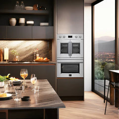 Forno Asti 30-Inch Double Electric Wall Oven with Upper French Doors in Stainless Steel, 7.36 cu. ft. Dual True Convection, 7,200W, Air Fry, Self-Clean - FBOEL1340-30 - The Home Selection