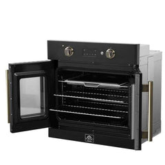 Forno Asti 30-Inch French Door Electric Wall Oven in Black & Antique Brass, 3.68 cu. ft. True Convection, 3,600W, Air Fry, Sous Vide, Self-Clean - FBOEL1333-30BLK - The Home Selection