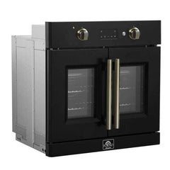Forno Asti 30-Inch French Door Electric Wall Oven in Black & Antique Brass, 3.68 cu. ft. True Convection, 3,600W, Air Fry, Sous Vide, Self-Clean - FBOEL1333-30BLK - The Home Selection