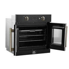 Forno Asti 30-Inch French Door Electric Wall Oven in Black & Antique Brass, 3.68 cu. ft. True Convection, 3,600W, Air Fry, Sous Vide, Self-Clean - FBOEL1333-30BLK - The Home Selection
