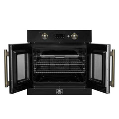 Forno Asti 30-Inch French Door Electric Wall Oven in Black & Antique Brass, 3.68 cu. ft. True Convection, 3,600W, Air Fry, Sous Vide, Self-Clean - FBOEL1333-30BLK - The Home Selection