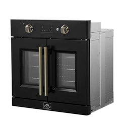 Forno Asti 30-Inch French Door Electric Wall Oven in Black & Antique Brass, 3.68 cu. ft. True Convection, 3,600W, Air Fry, Sous Vide, Self-Clean - FBOEL1333-30BLK - The Home Selection