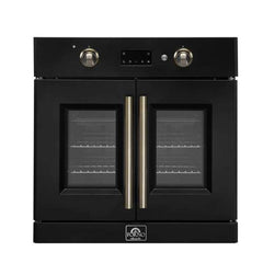 Forno Asti 30-Inch French Door Electric Wall Oven in Black & Antique Brass, 3.68 cu. ft. True Convection, 3,600W, Air Fry, Sous Vide, Self-Clean - FBOEL1333-30BLK - The Home Selection