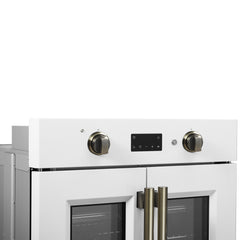 Forno Asti 30-Inch French Door Electric Wall Oven in White & Antique Brass, 3.68 cu. ft. True Convection, 3,600W, Air Fry, Sous Vide, Self-Clean - FBOEL1333-30WHT - The Home Selection