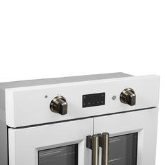 Forno Asti 30-Inch French Door Electric Wall Oven in White & Antique Brass, 3.68 cu. ft. True Convection, 3,600W, Air Fry, Sous Vide, Self-Clean - FBOEL1333-30WHT - The Home Selection