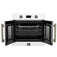 Forno Asti 30-Inch French Door Electric Wall Oven in White & Antique Brass, 3.68 cu. ft. True Convection, 3,600W, Air Fry, Sous Vide, Self-Clean - FBOEL1333-30WHT - The Home Selection