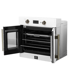Forno Asti 30-Inch French Door Electric Wall Oven in White & Antique Brass, 3.68 cu. ft. True Convection, 3,600W, Air Fry, Sous Vide, Self-Clean - FBOEL1333-30WHT - The Home Selection