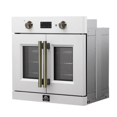 Forno Asti 30-Inch French Door Electric Wall Oven in White & Antique Brass, 3.68 cu. ft. True Convection, 3,600W, Air Fry, Sous Vide, Self-Clean - FBOEL1333-30WHT - The Home Selection
